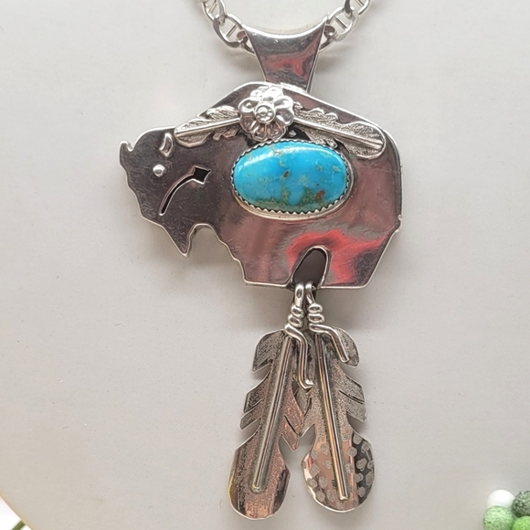 Navajo turquoise sterling silver 925 Buffalo pendant. - Picture 1 of 6